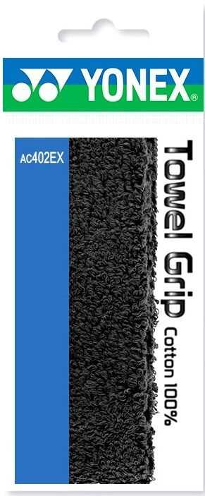 Yonex Badminton Towel Grip in black, with a thick textured 100% cotton surface and blue AC402EX packaging