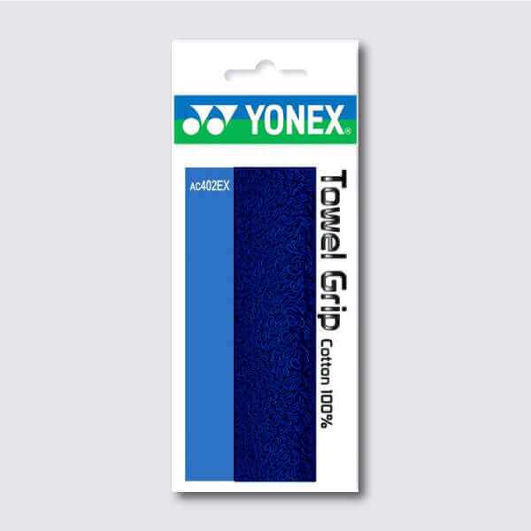Yonex Badminton Towel Grip in deep blue cotton, shown in retail packaging with a textured surface and 100% cotton label