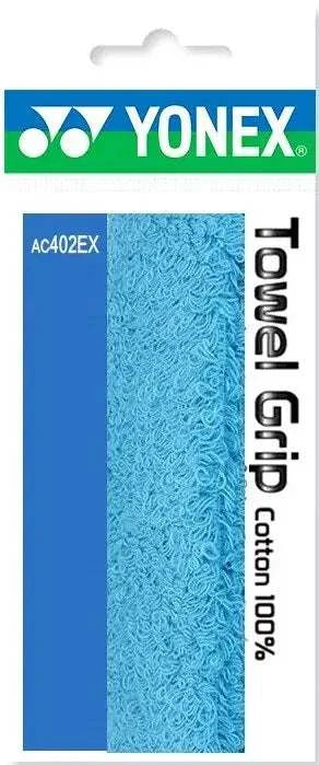 Yonex Badminton Towel Grip in sax blue cotton with a soft looped texture and AC402EX packaging