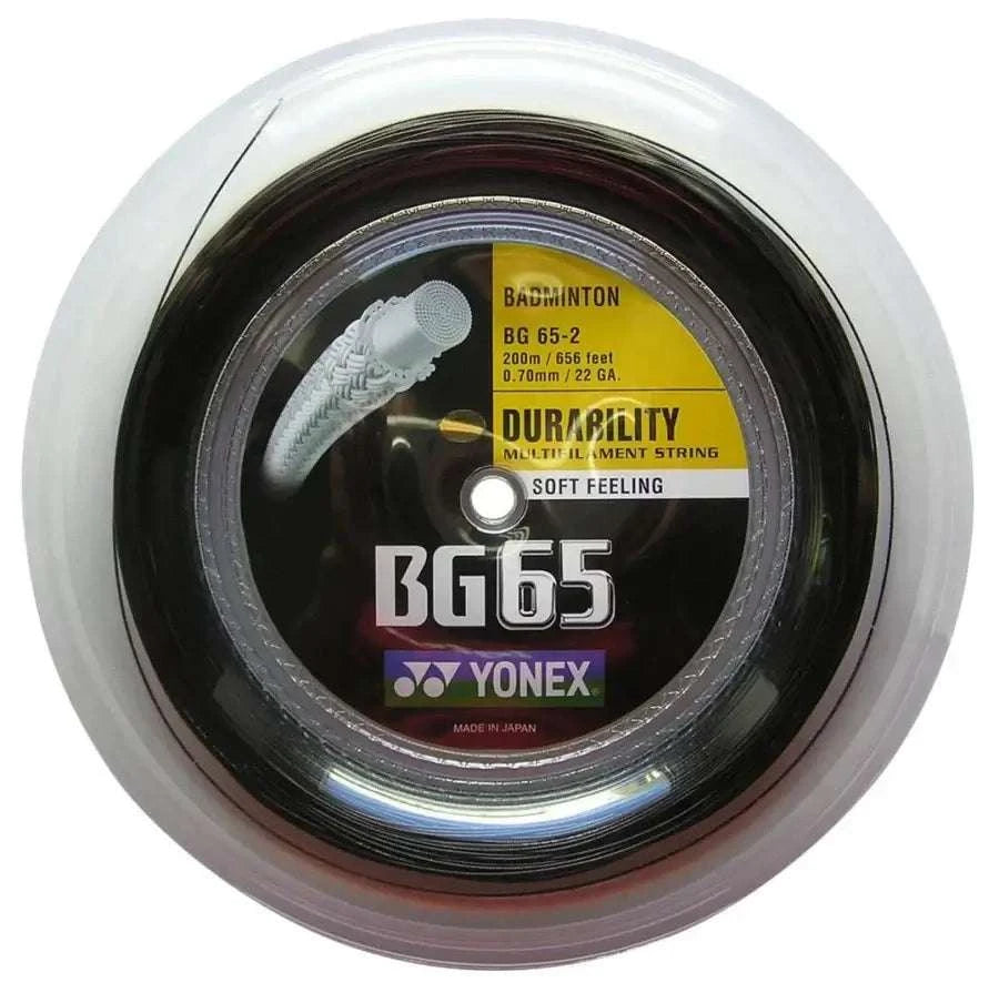 YONEX BG-65 Badminton String on a 200 m reel, featuring dark coiled string and a yellow durability label