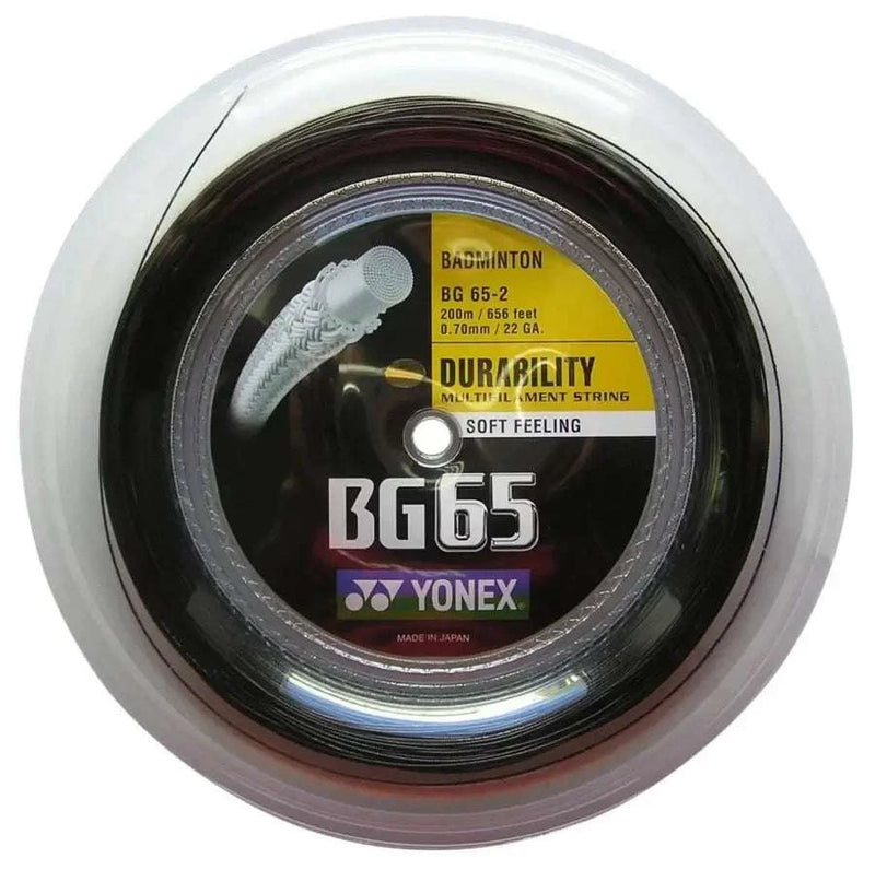 YONEX BG-65 Badminton String on a 200 m reel, featuring dark coiled string and a yellow durability label