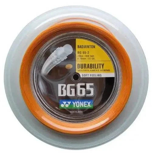 YONEX BG-65 Badminton String in an orange 200m reel, with clear spool and BG 65 label