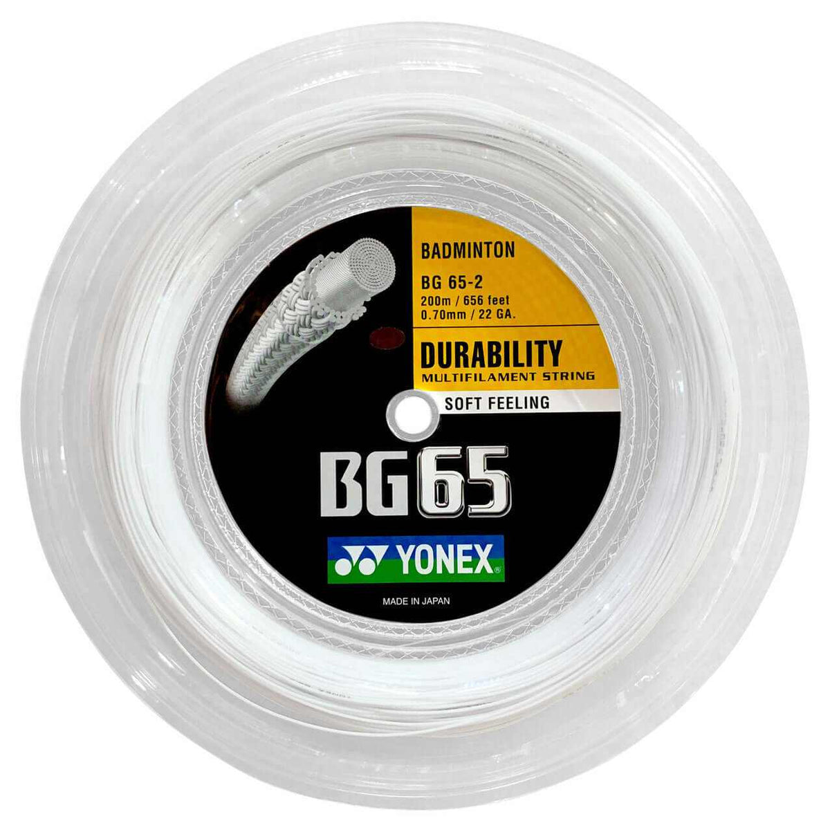 YONEX BG-65 Badminton String in white, wound on a clear 200-meter reel with a black and yellow label