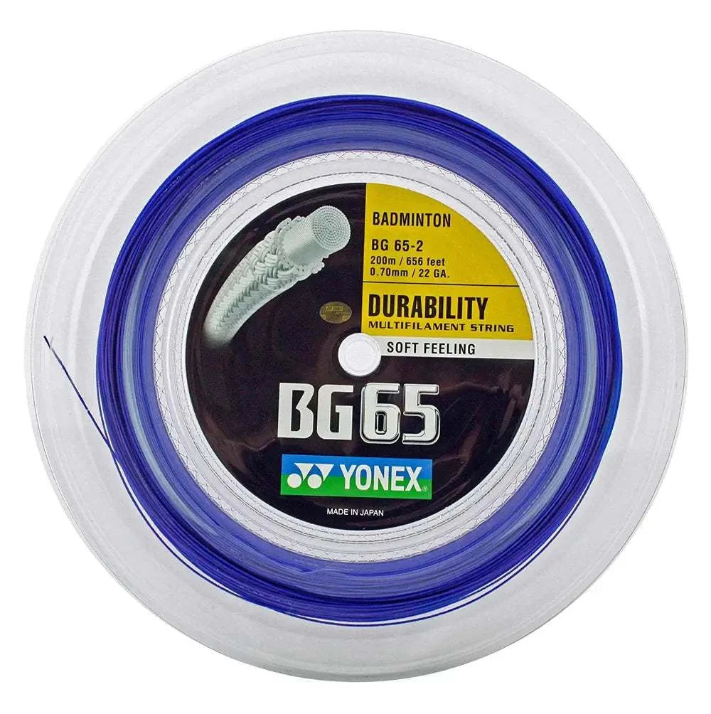 YONEX BG-65 Badminton String on a white reel, with vivid blue string wound around a black and yellow label