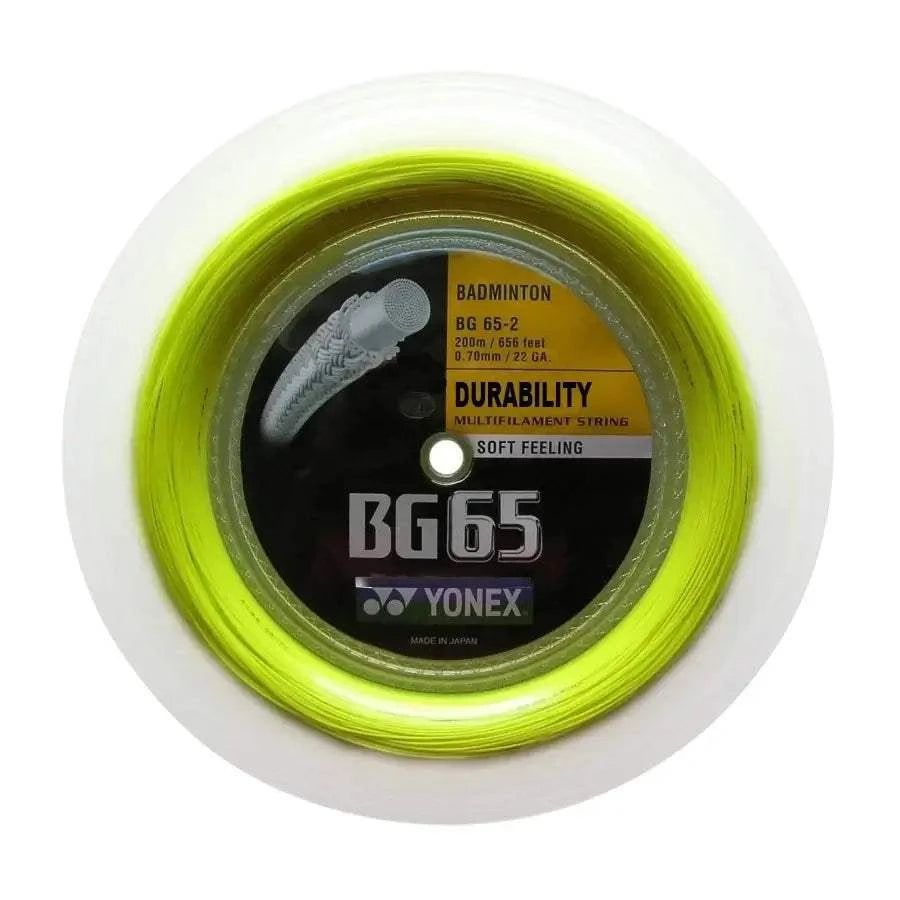 YONEX BG-65 Badminton String in a vivid yellow reel, with 200 m packaging and durability label visible.