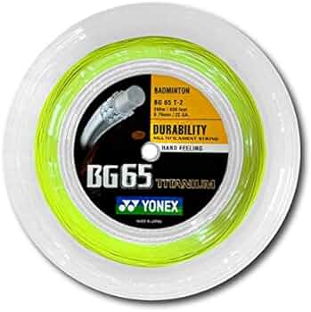 Yonex BG-65 TI badminton string in a bright yellow-green 200m reel, with a clear spool and black label