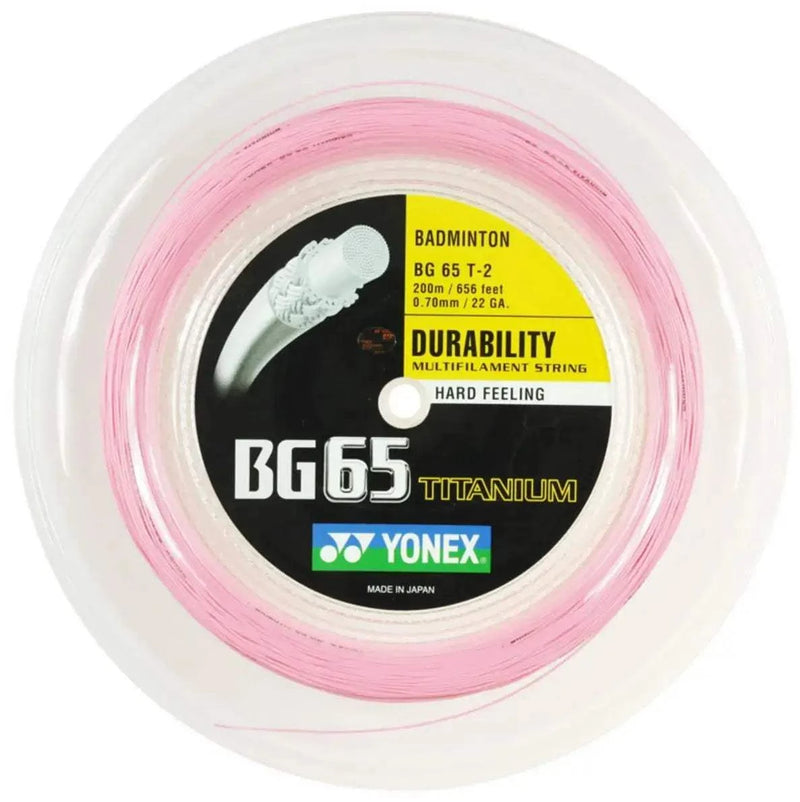 Yonex BG-65 TI badminton string reel with pink string, clear spool and black, yellow and green label