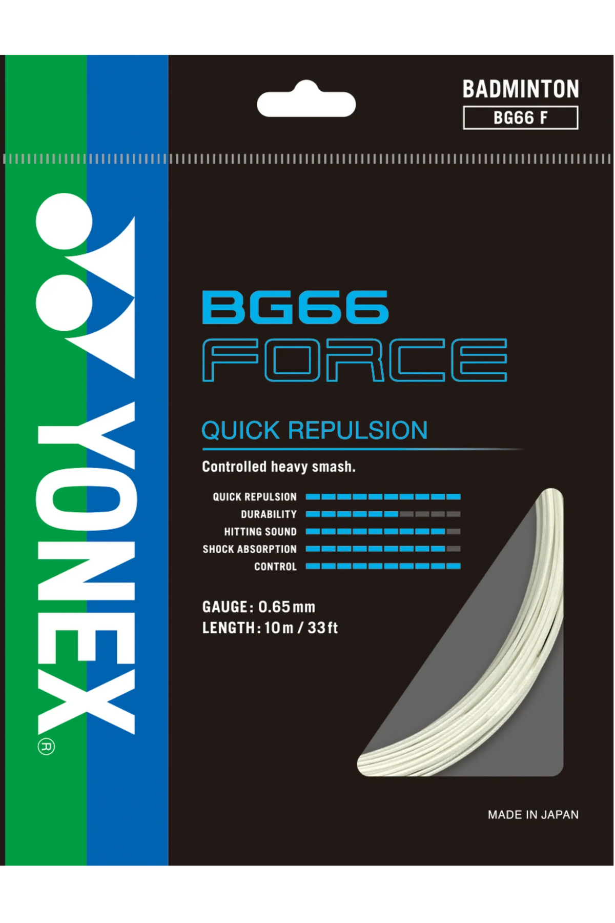 Yonex BG-66 Force Badminton String in pearl white, shown coiled on black packaging with blue lettering and 0.65 mm gauge.