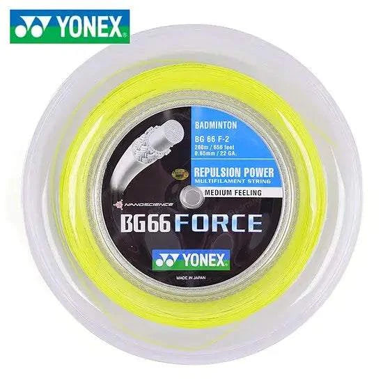 Yonex BG-66 Force badminton string reel with vivid yellow multifilament string wound around a black center label