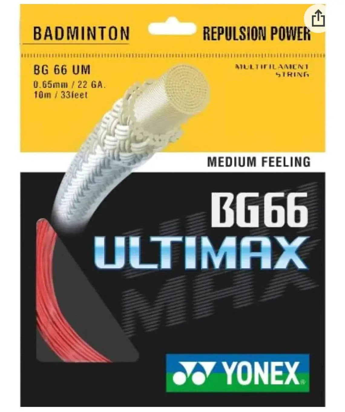 Yonex BG-66 Ultimax Badminton String in white, shown with yellow and black packaging and a red string accent