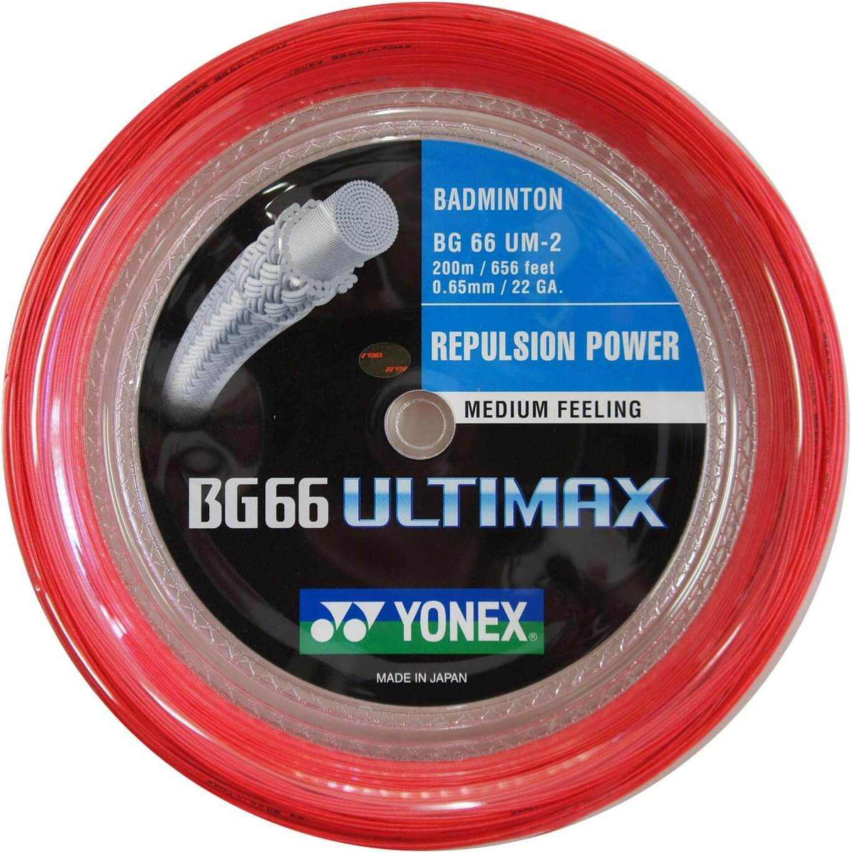 Yonex BG-66 Ultimax badminton string reel in vivid red with 0.65 mm string and branded round label