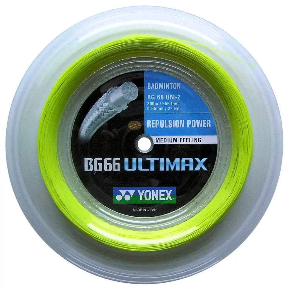 Yonex BG-66 Ultimax badminton string in a bright yellow 200m reel, with fine coiled string and branded center label