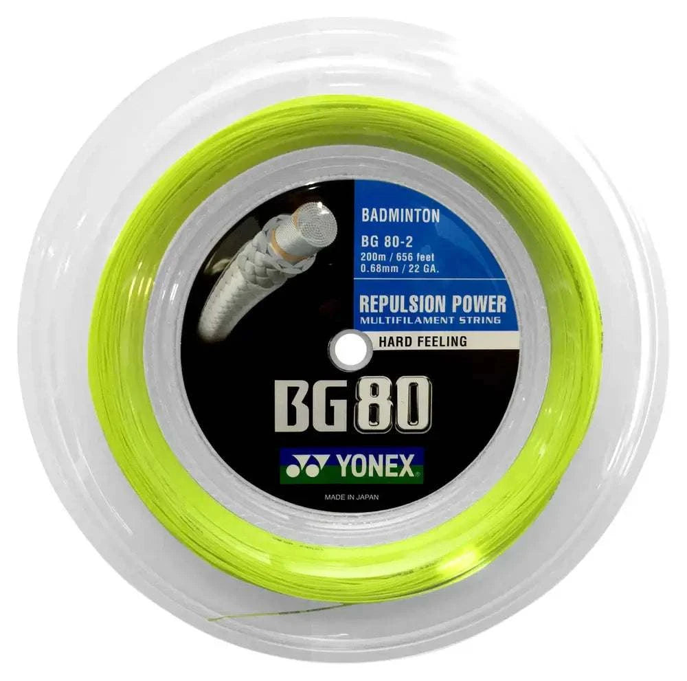 Yonex BG-80 Badminton String on a neon yellow-green reel, with a clear spool and black Yonex BG80 label