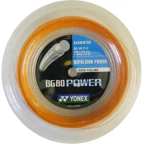Yonex BG-80 Power badminton string reel with orange string, clear outer spool and blue and black product label