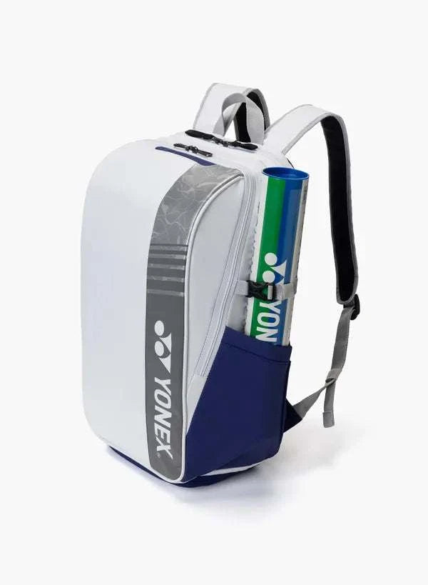 Yonex Club Series badminton backpack in white, navy and grey with Yonex branding and a side racket sleeve
