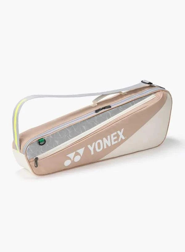 Yonex Club Series Badminton Racquet Bag in beige and taupe with a grey patterned panel, shoulder strap and zip compartments