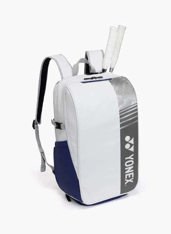 Yonex Club Series badminton backpack in white and navy with grey striped Yonex panel and racket handles