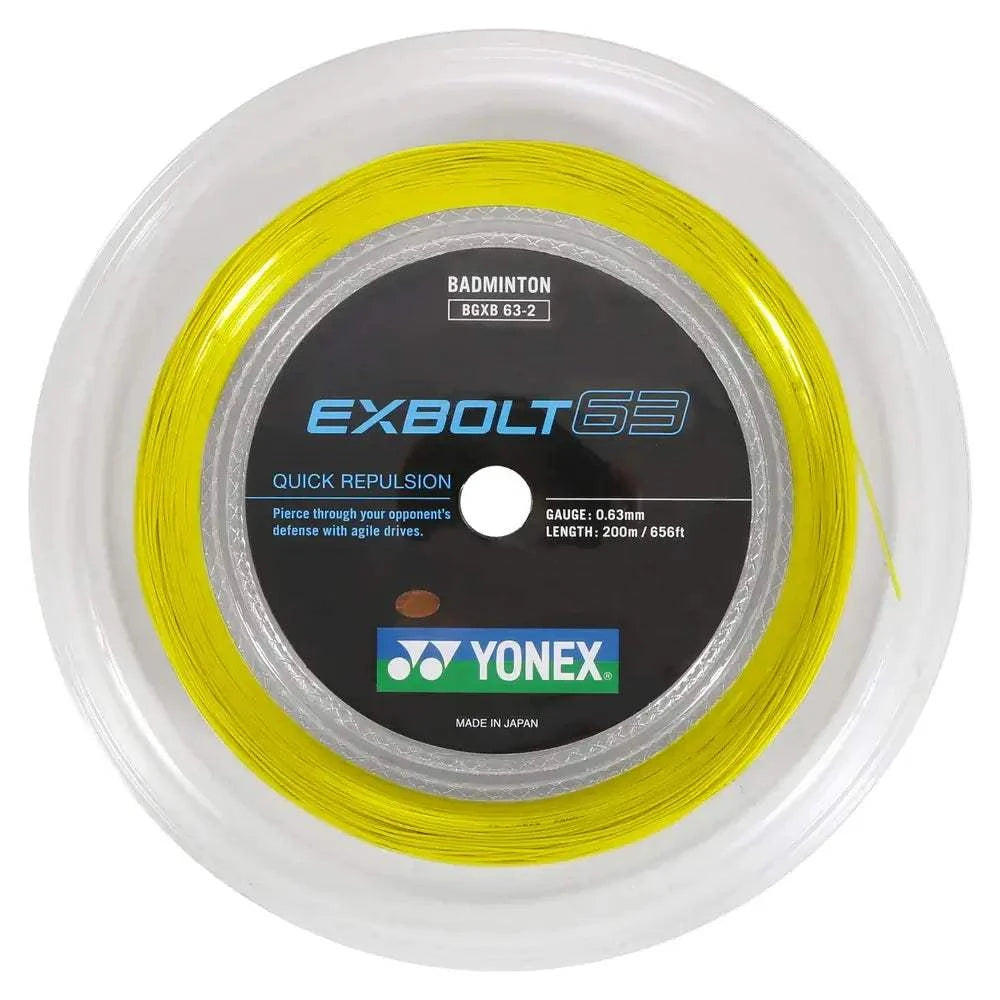 Yonex Exbolt 63 Badminton String in a bright yellow 0.63 mm reel with a black and silver Yonex label