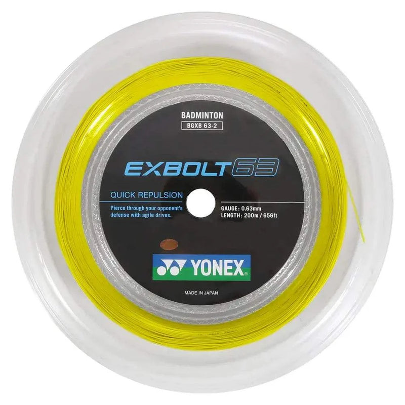 Yonex Exbolt 63 Badminton String in a bright yellow 0.63 mm reel with a black and silver Yonex label