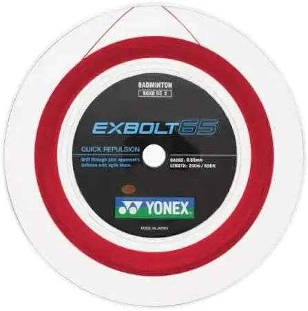Yonex Exbolt 65 Badminton String on a white reel with bold red and black rings and blue label details