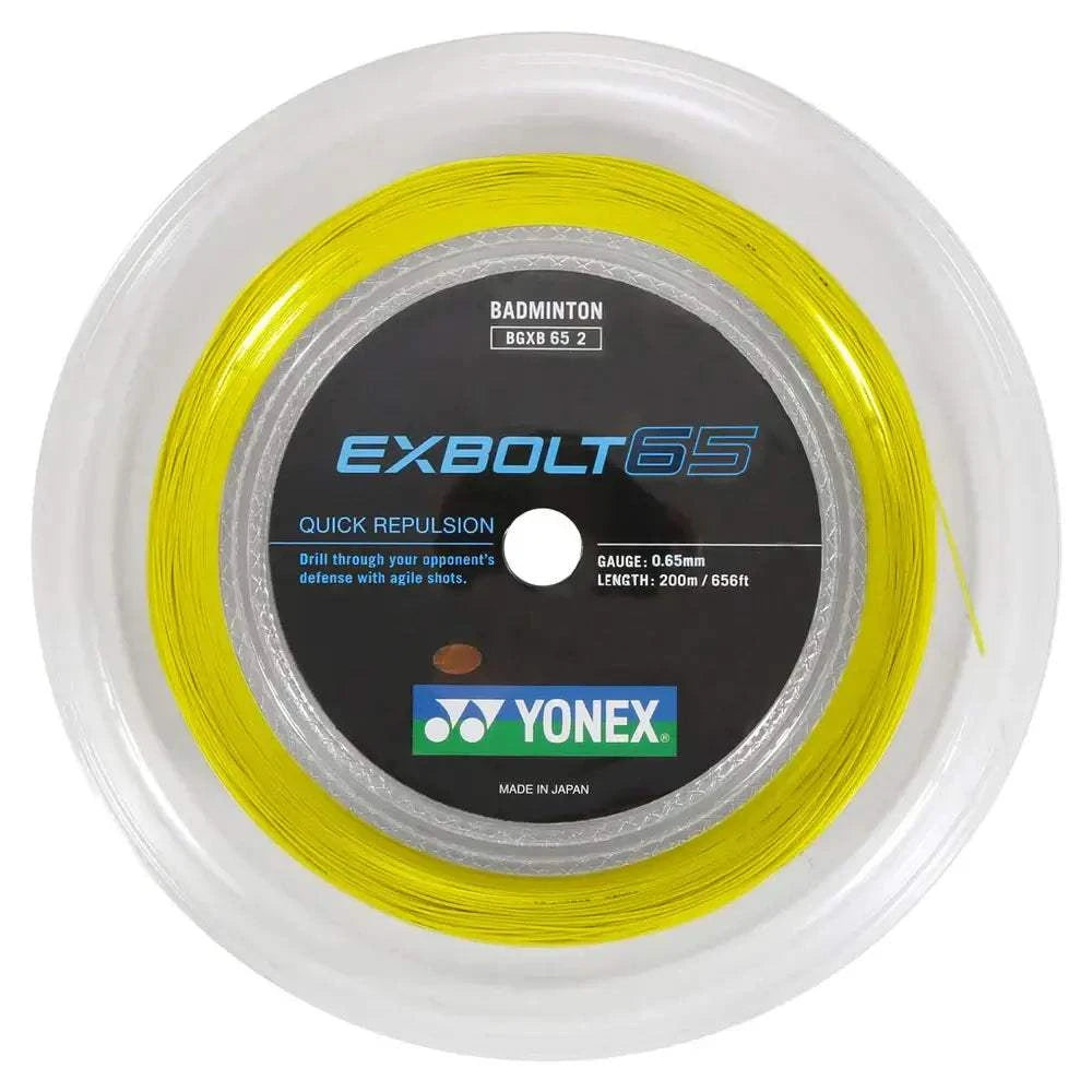 Yonex Exbolt 65 Badminton String in a vivid yellow 200-metre reel, with a round spool and branded centre label.