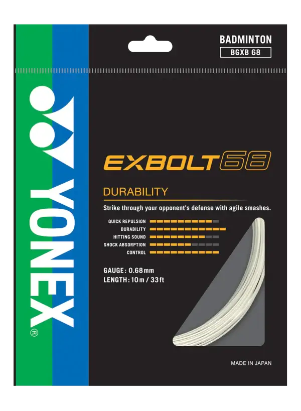 Yonex Exbolt 68 Badminton String in black and blue packaging, featuring a white string coil and gold lettering.