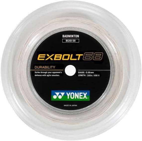 Yonex Exbolt 68 badminton string in a clear reel, featuring translucent white string and a black, gold and blue label