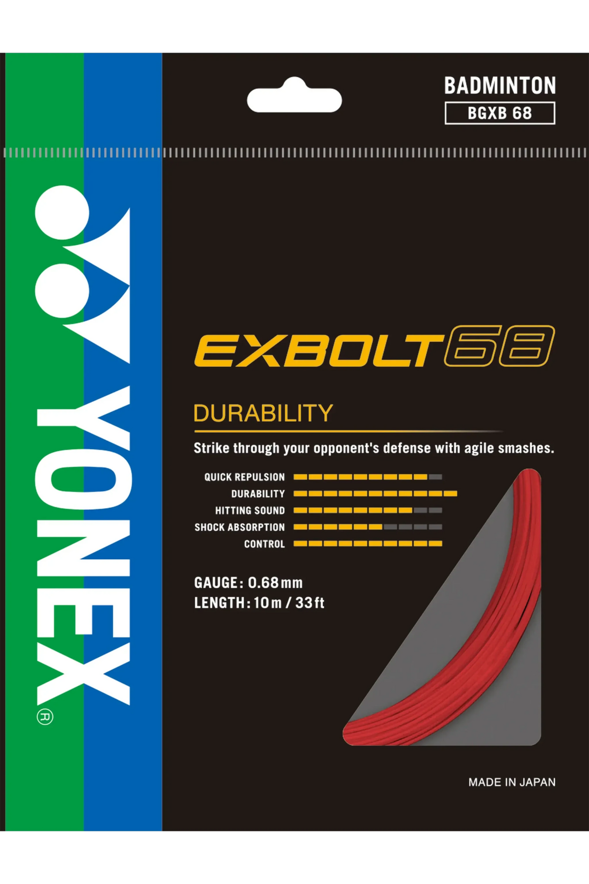 Yonex Exbolt 68 Badminton String in bright red, shown as a coiled string beside black and green retail packaging