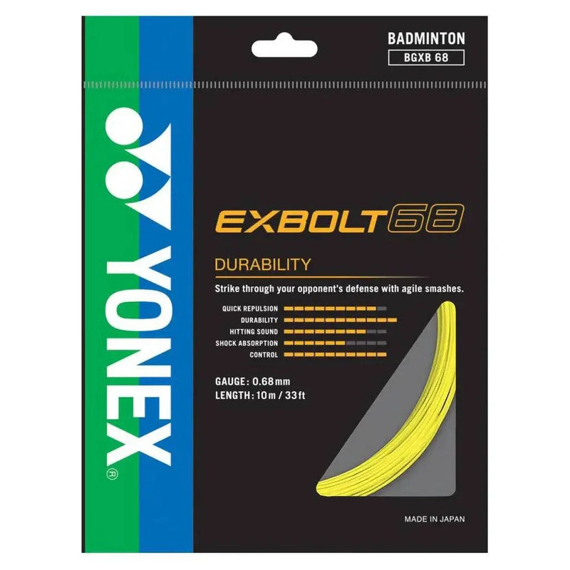 Yonex Exbolt 68 Badminton String in bright yellow, shown on black branded packaging with 0.68 mm gauge details