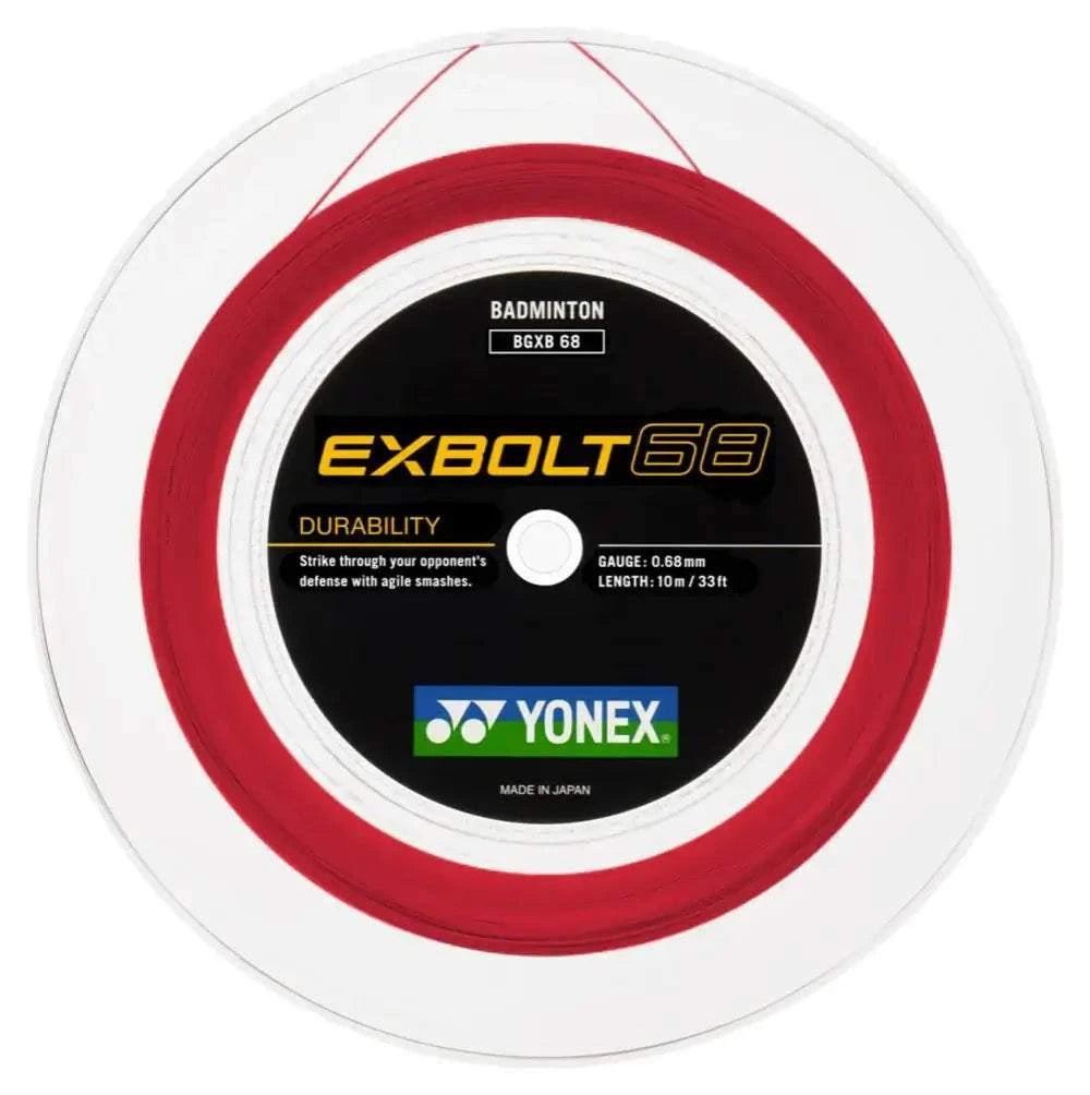 Yonex Exbolt 68 badminton string in a 200m reel with a bright red string coil and black Yonex label