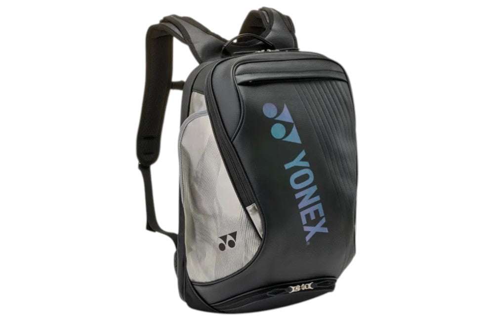 Yonex Expert Series Badminton Backpack in black and silver, with a ribbed front panel, logo and padded straps