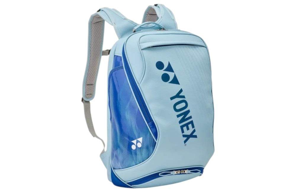 Yonex Expert Series Badminton Backpack in pale blue with darker blue panels, zip compartments and bold Yonex branding