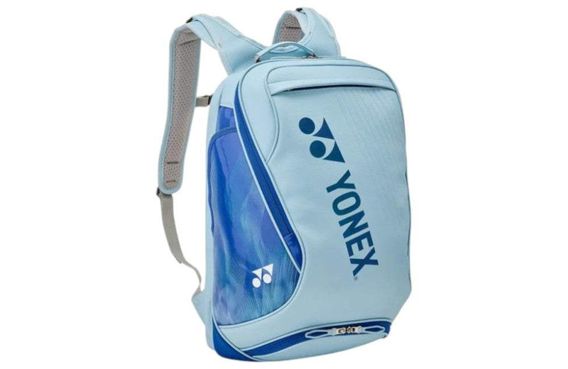 Yonex Expert Series Badminton Backpack in pale blue with darker blue panels, zip compartments and bold Yonex branding