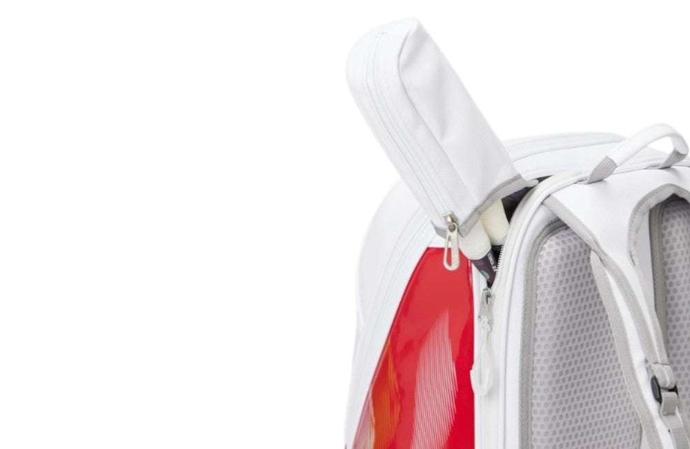 Yonex Expert Series Badminton Backpack in white with a red side panel, zippered compartments and padded mesh back