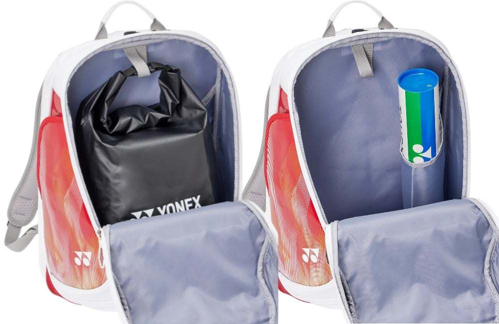 Yonex Expert Series Badminton Backpack in white with red and orange side panels, shown open with a black racket cover and bottle inside
