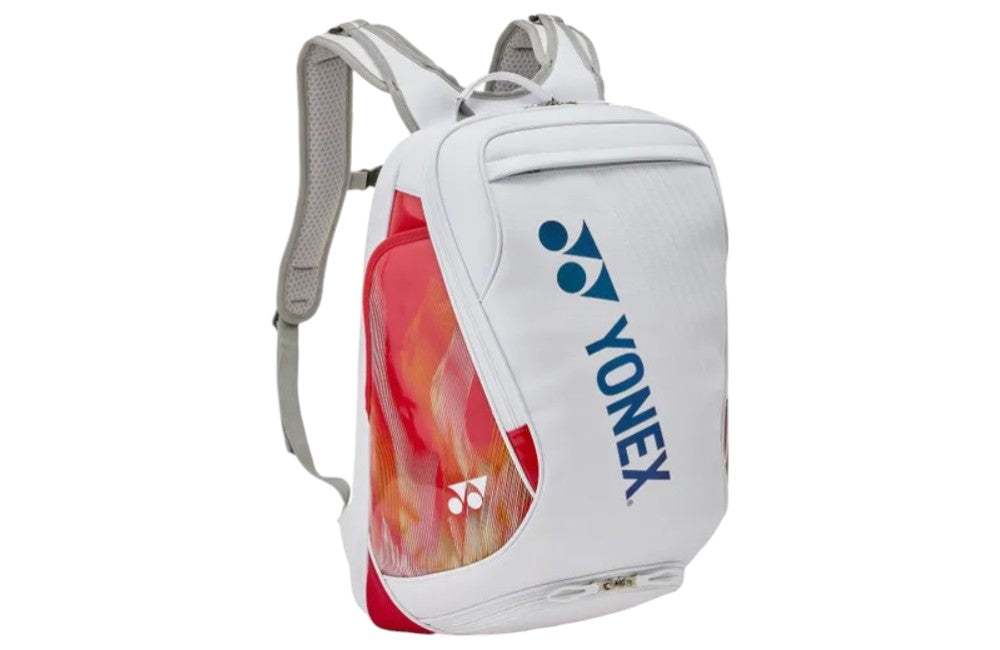 Yonex Expert Series Badminton Backpack in white with blue Yonex branding and a red-orange patterned side panel
