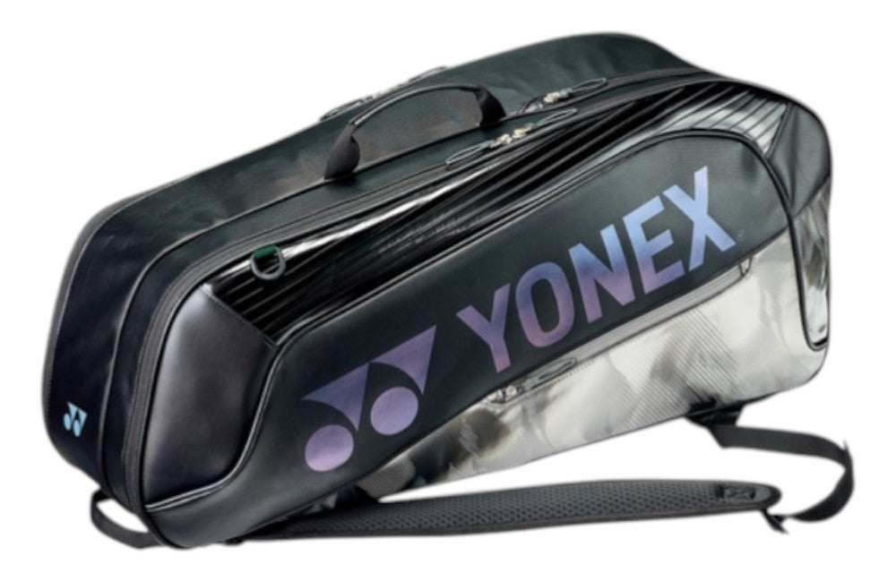 Yonex Expert Series Badminton Racket Bag in black and silver with a large purple Yonex logo and multiple zipped compartments