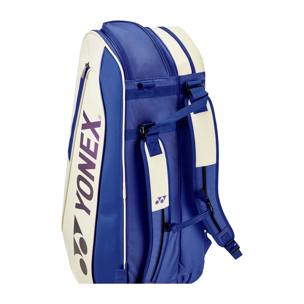 Yonex Expert Series Badminton Racket Bag in blue and cream, with a large Yonex logo, zip compartments and padded straps