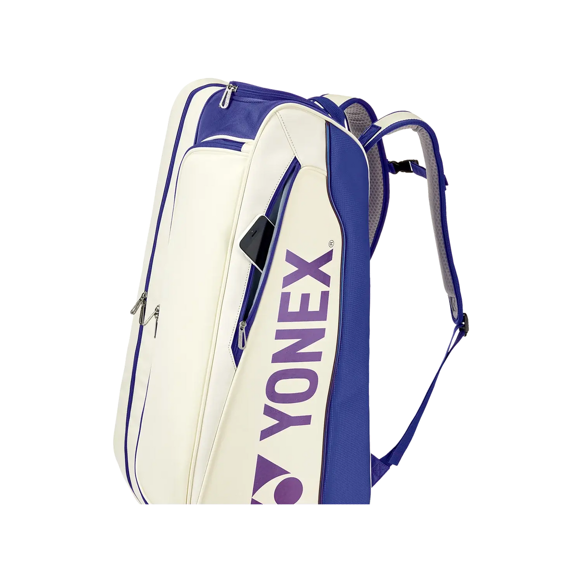 Yonex Expert Series Badminton Racket Bag in white and deep blue with purple logo, zip compartments and shoulder straps
