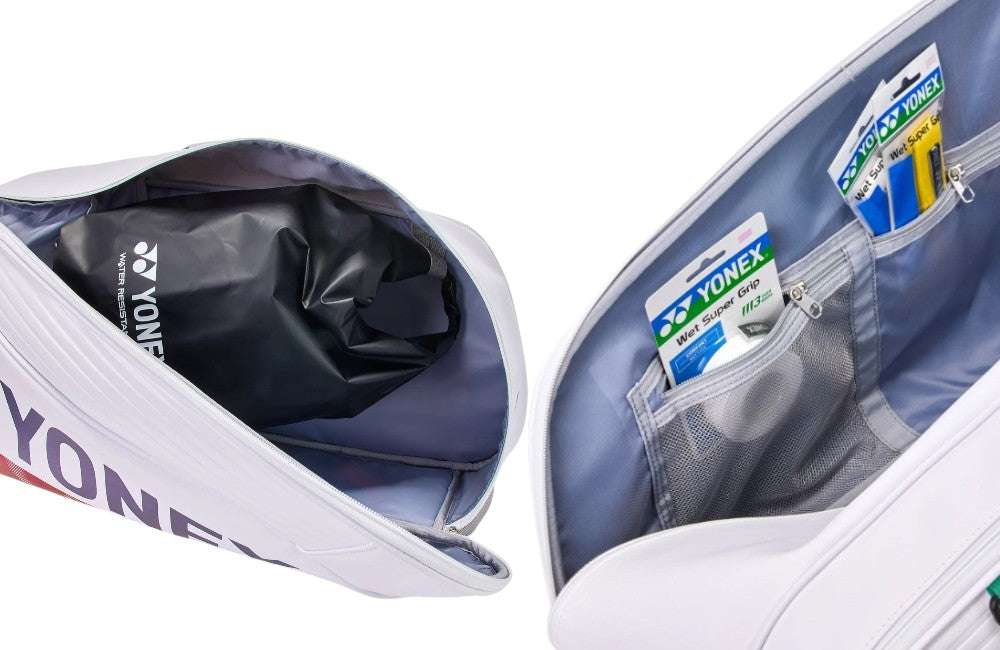 Yonex Expert Series Badminton Racket Bag in white polyester, showing a spacious compartment and mesh accessory pockets