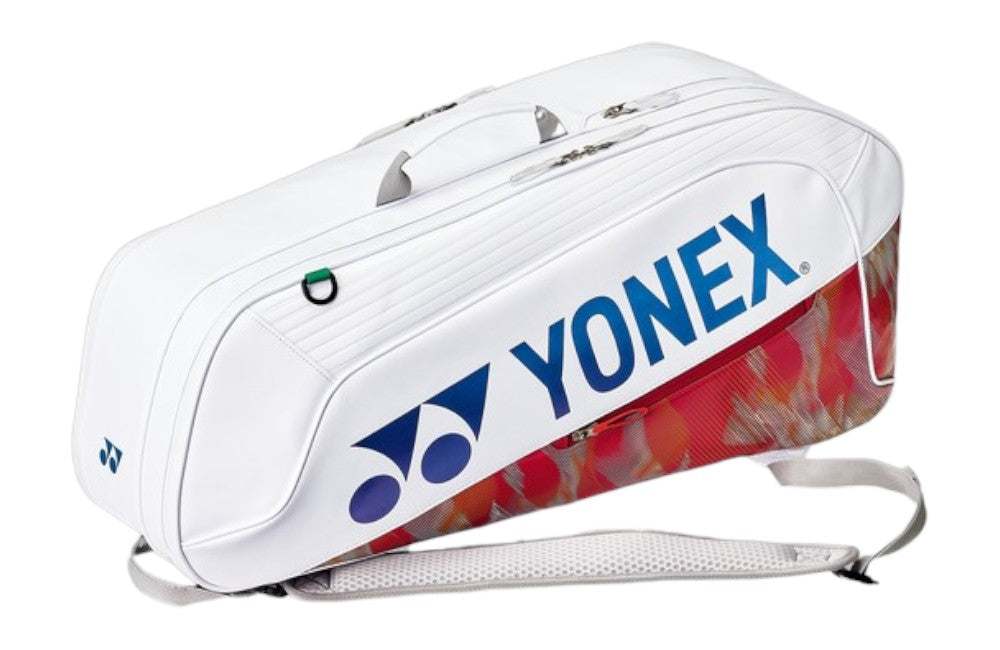Yonex Expert Series Badminton Racket Bag in white polyester with a bold blue logo and red patterned lower panel