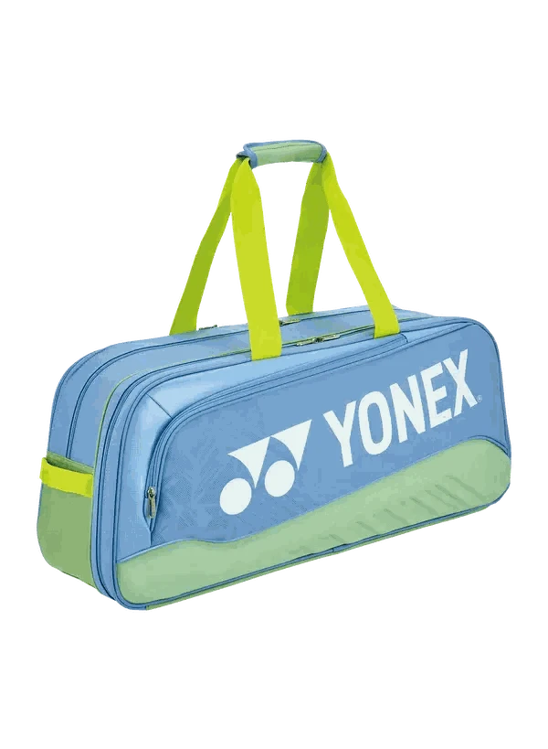 Yonex Expert Series Tournament Badminton Bag in blue and lime green, with white Yonex logo and bright yellow handles