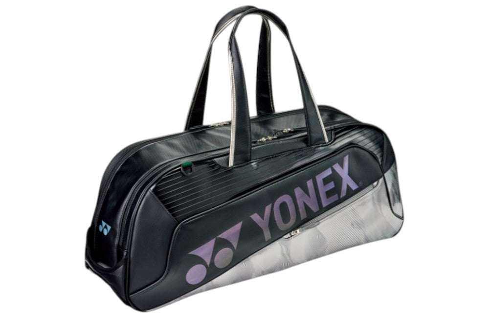 Yonex Expert Series Tournament badminton bag in black and silver with purple logo, textured panels and twin carry handles