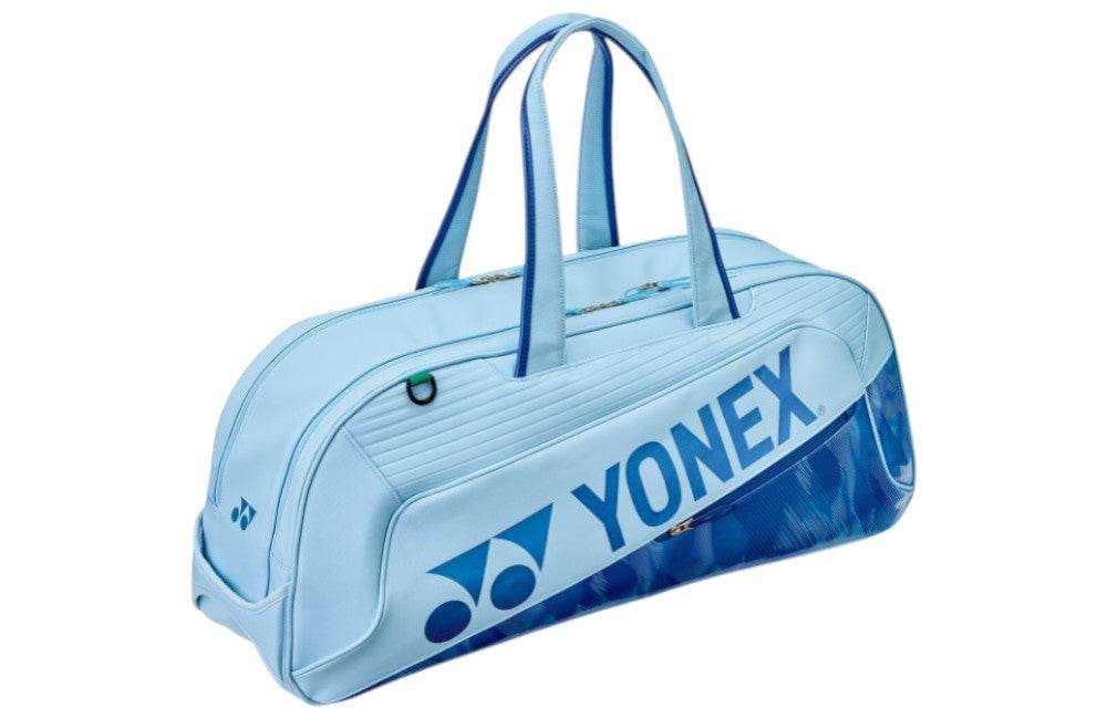 Badminton bag, Yonex Expert Series Tournament, in light blue with a dark blue abstract pattern, logo and twin handles