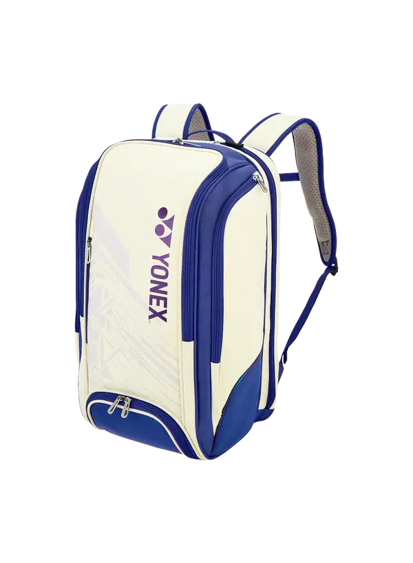 Yonex Expert Series badminton backpack in white with navy blue trim, Yonex logo and multiple zippered compartments