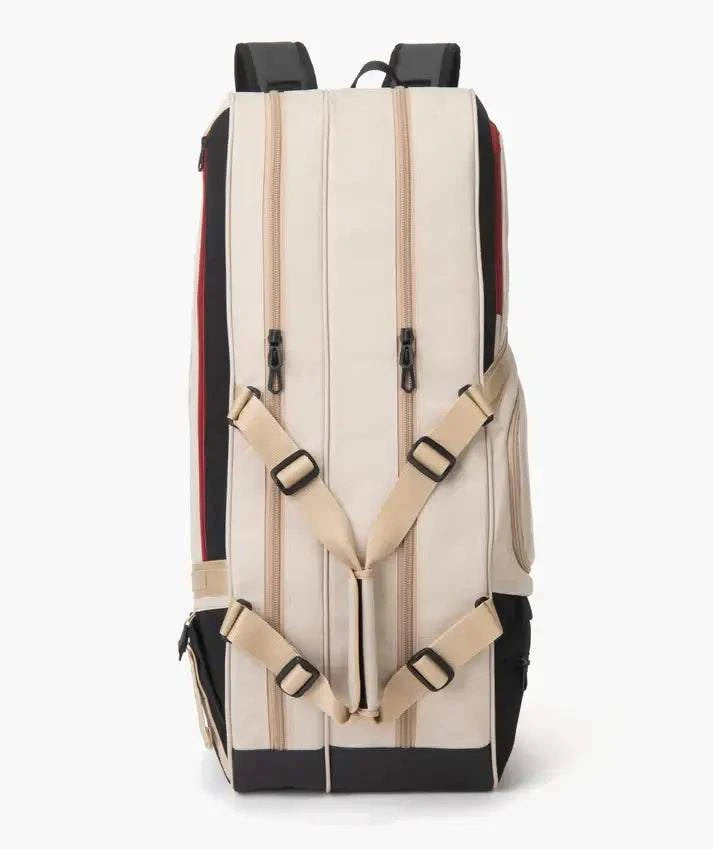 Yonex GEARLOGIC RACQUET BAG in light beige fabric with black and red trim, front straps and multiple zippered compartments