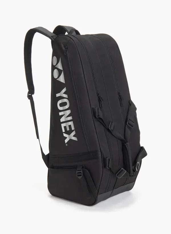 Yonex GEARLOGIC RACQUET BAG in black, with a structured design, adjustable backpack straps and large white logo