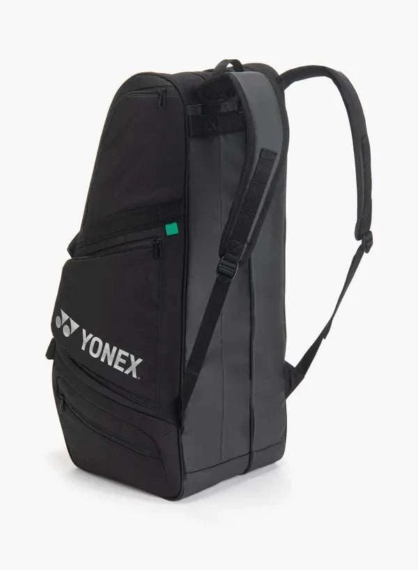 Yonex GEARLOGIC RACQUET BAG in black with a grey side panel, white logo, zip pockets and adjustable backpack straps