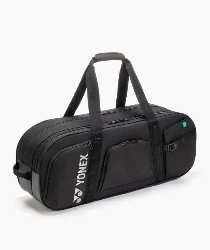 Yonex GEARLOGIC Tournament Bag in black with durable fabric, multiple zippered compartments, carry handles and white logo