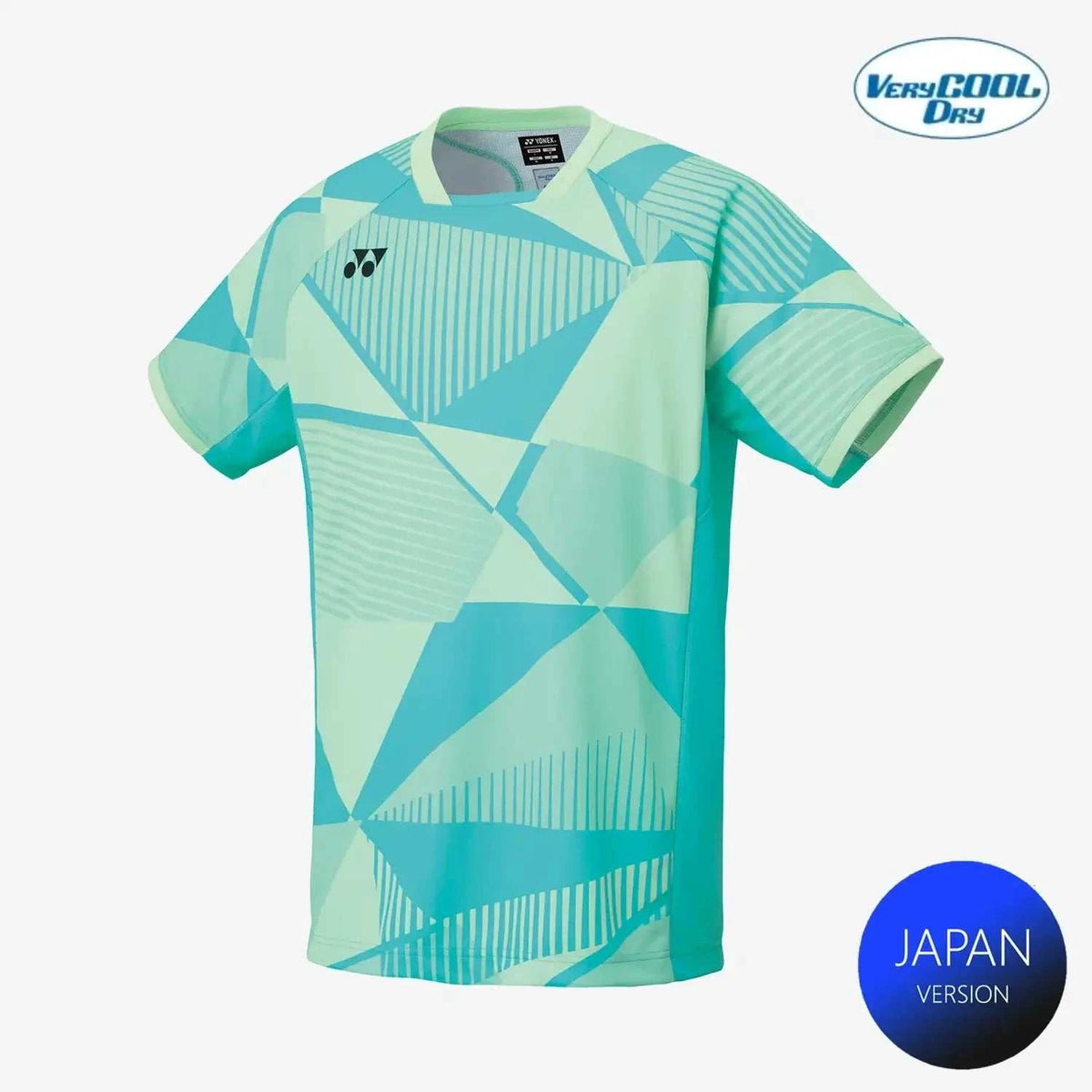 Yonex Men's Crew Neck shirt in clear mint polyester with turquoise geometric panels, fine stripes and a ribbed collar.